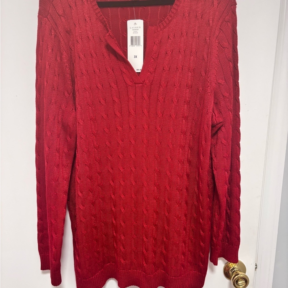 Lauren Ralph Lauren Cable Knit V-Neck Sweater in Deep Red